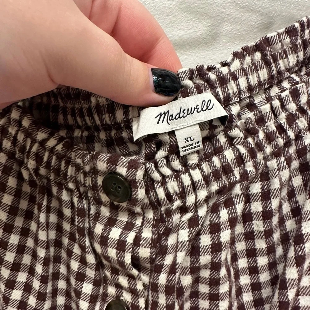 Madewell Brown and White Gingham Button-Front Peasant Blouse - Picture 3 of 6